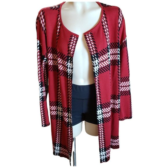 Plaid Cardigan Sweater Size L Black Red Long W No Buttons - Picture 1 of 8